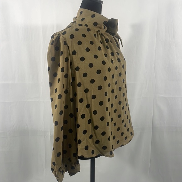 Polka dot blouse,long sleeve, with side neck bow tie closure, black,tan, large - Picture 8 of 8